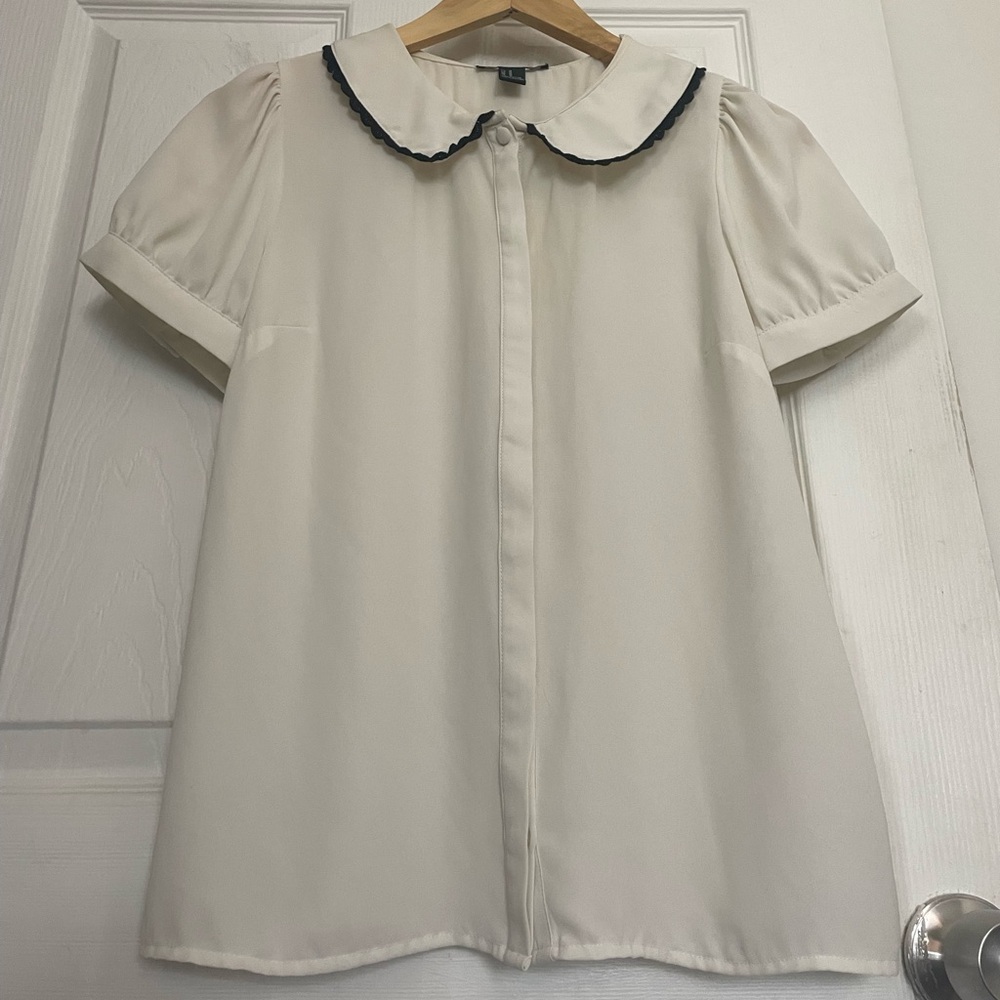 White Button Blouse with Black Lace Peter Pen Collar Schoolgirl Cosplay Coquette - Picture 3 of 12